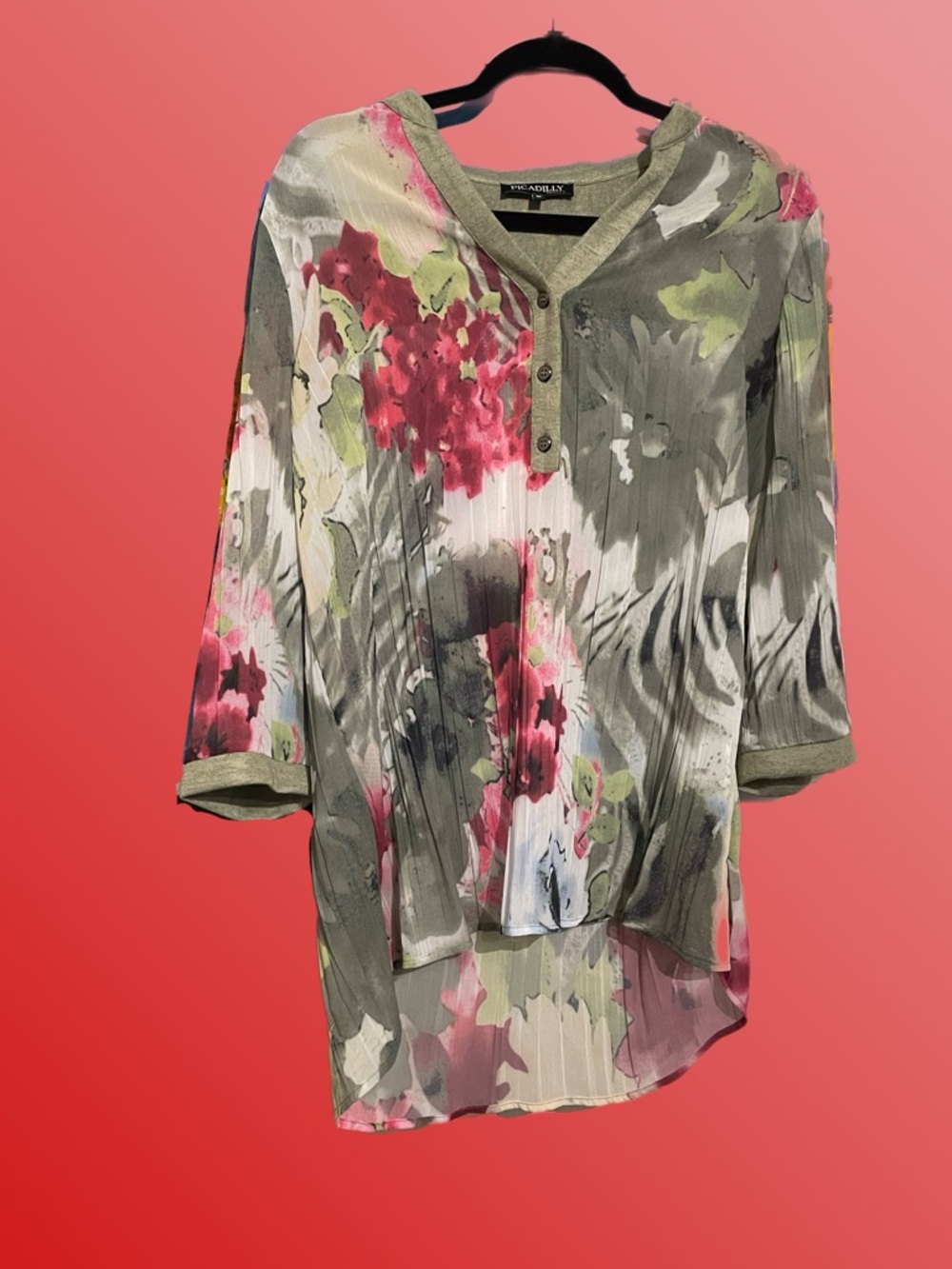 Picadilly Olive, Pink & Green Floral V-Neck Pleated Tunic Sheer